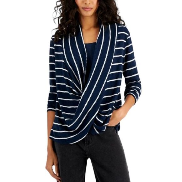 Fever Womens Striped Shawl Collar Pullover Top faux layer navy white size small - Picture 1 of 7
